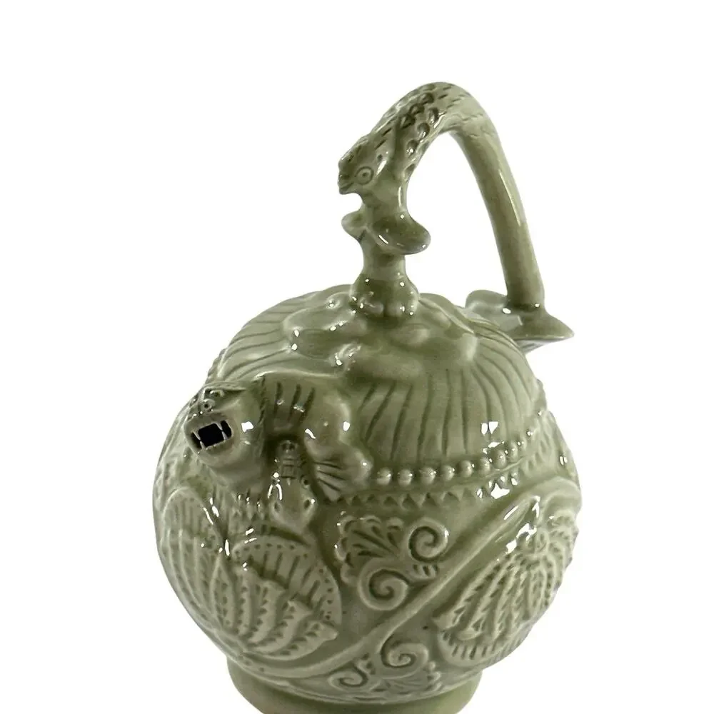 Vintage Chinese Celadon Bottom Filling Teapot Foo Dog Lotus Puzzle Pot 4”